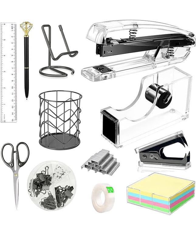 Office Desk Accessories, Acrylic Stapler, Staple Remover, Tape Holder, Pen Holder, Ballpoint Pen, Scissor, Binder Clips, 1000pcs Staples, Phone Holder, Ruler, Transparent Glue and 300 Notes
