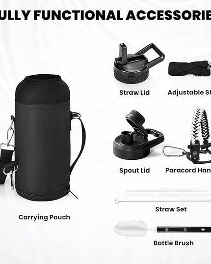 Insulated Water Bottle 32 oz, Triple Wall Vacuum Stainless Steel (Cold for 48 Hrs), Leak Proof & Non-BPA, Modern Water Flask Jug with Paracord Handle & Straw Spout Lids, Ombre: White/Black