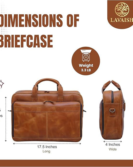 LAVAISH Handmade Full-Grain Leather Briefcase for Men & Women–17" Laptop Bag with Computer Compartment Office Satchel Bag