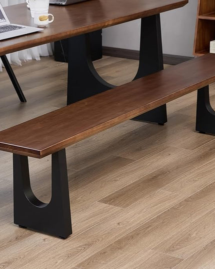 Walnut Color Long Bench Solid Wood Top Metal Legs U-Shaped Design Durable Sturdy Dining Bench Ideal for Office Home Restaurant Patio Multiple (Bench, 55.12in)