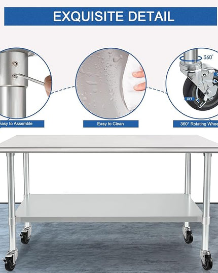HARDURA Stainless Steel Table with Wheels 24 x 60 Inches Casters NSF Heavy Duty Commercial Work & Prep Table with Undershelf and Galvanized Legs for Restaurant Kitchen Bar and Hotel Garage