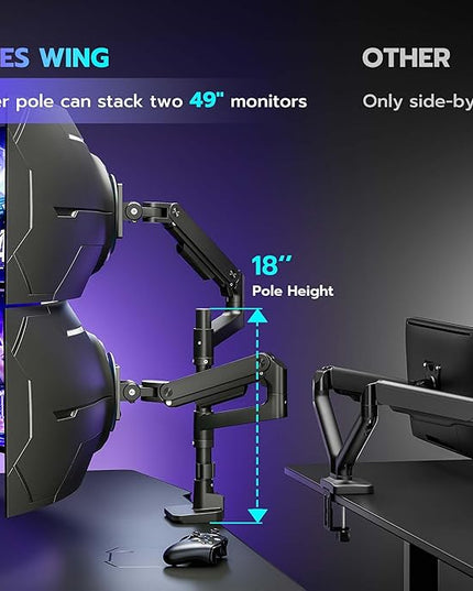 ARES WING Dual Monitor Arm Desk Mount for 17-49 Inch Ultrawide Monitors, Heavy Duty Dual Monitor Mount Holds 44 lbs, Full Motion Gas Spring Vertical Stacked Monitor Mount, 75/100 VESA Mount, Black