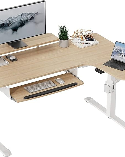 EUREKA ERGONOMIC Standing Desk Adjustable Height 61" Electric Sit Stand Computer Desk L Shaped with Keyboard Tray,Monitor Stand &LED, Dual Motor Memory Presets Sit to Desk Adjustable Desk, Right/Maple