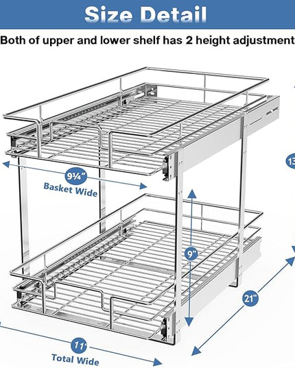 LOVMOR 2 Tier Individual Pull Out Cabinet Organizer 11"W x 21"D, Slide Out Kitchen Cabinet Storage Sliding Shelves