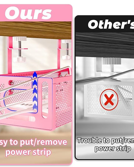 Under Desk Cable Management Tray, 15.7'' No Drill Steel Desk Cable Organizers, Wire Management Tray Cable Management Rack (1 Pack-Pink)