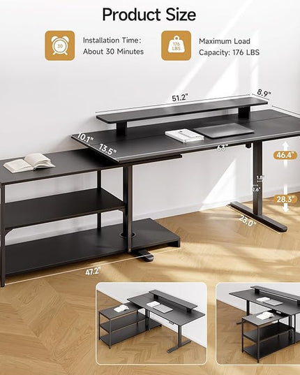 ONBRILL L Shaped Standing Desk with File Cabinet, 63x24'' Electric Stand Up Desk with Monitor and Storage Shelf, Adjustable Height 28-46'' for Home and Computer Workstation, Black