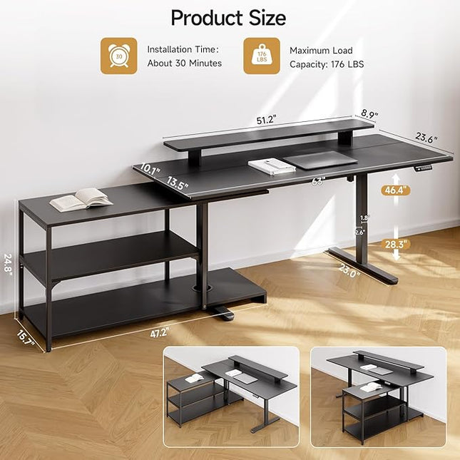 ONBRILL L Shaped Standing Desk with File Cabinet, 63x24'' Electric Stand Up Desk with Monitor and Storage Shelf, Adjustable Height 28-46'' for Home and Computer Workstation, Black