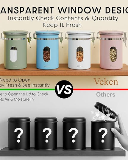 Veken Coffee Canister with Window, Airtight Stainless Steel Kitchen Food Storage Container with Lids, Date Tracker and Scoop for Grounds Coffee, Beans, Tea, Flour, Cereal, Sugar Jars, 22OZ, Pink