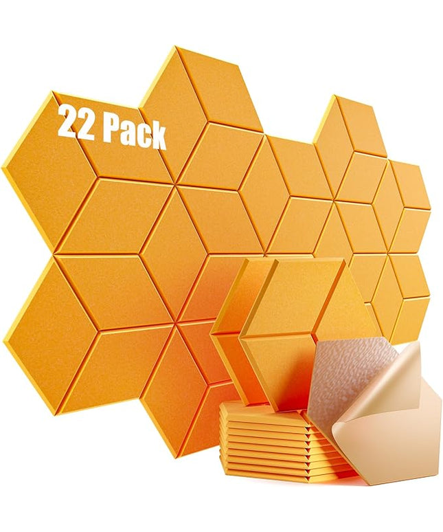 22 Pack Self-Adhesive Acoustic Panels 12" X 10" X 0.4" - Sound Proof Foam Panels with High Density, Y-Lined Design, Flame Resistant, Absorb Noise and Eliminate Echoes(Orange Yellow)