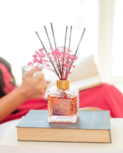 PEANÄK Reed Diffuser Set - Rose Honey Fragrance 6.7oz (200 ml) - Real Preserved Flowers & 8 Reed Sticks for Bathroom Shelf Decor Home Diffuser & Office Scent with Long Lasting Gift Scent