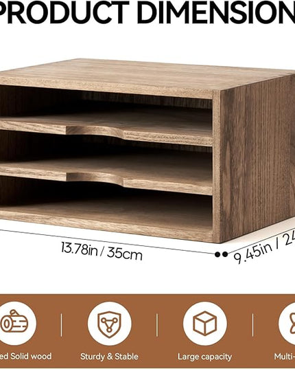 KIRIGEN Wooden Desktop Organizer Paper Storage Letter Tray File Sorter - Desk Rack Magazine File Dividers Holders for Home Office Accessories with 3 Layer Trays Dark Brown (3KWJG-DBR)