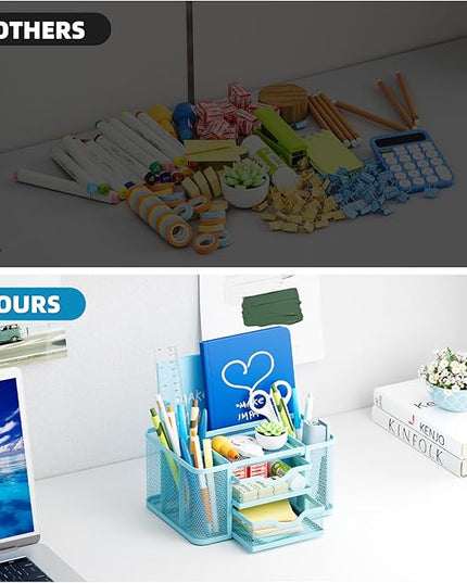 Marbrasse Mesh Desk Organizer, Pen Organizer with 2 Drawer, Multi-Functional Pencil Holder, Desk Organizers and Accessories with 5 Compartments + Drawer for Office Art Supplies (Blue)