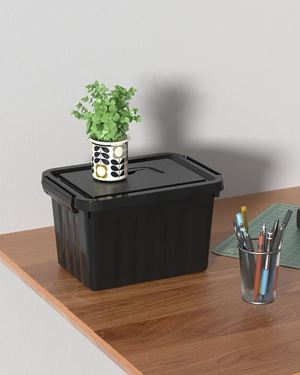 6 Pieces Small Storage Bins with Lid, Plastic Storage Box Organizing Container with Handle for Shelves Desktop Playroom Office (10.6 x 7.6 x 6.3 Inch, Black), F