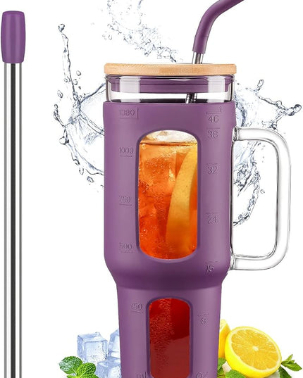 Glass Tumbler with Lid and Straw, 46 oz Iced Coffee Cup with Handle, Glass Water Bottles with Silicone Sleeve, BPA Free-Dark Purple