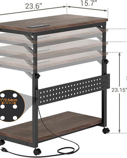 Computer Tower Stand with Power Strips, 4 Levels Manual Height Adjustable PC Tower Stand for Under Desk, Mobile Rolling CPU Holder, Computer Cart with Wheels, 24", Black Walnut