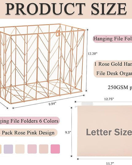 Beramon Hanging File Folder Kit Includes 1 Rose Gold Hanging File Desk Organizer and 24 Pack Hanging File Folders Letter Size with 1/5 Cut Tabs Design for School Office Home Supplies, Pink Design