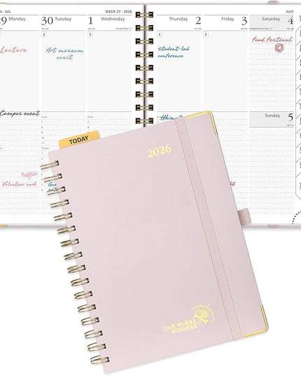 POPRUN 2026 Planner (Medium Size 8.5'' x 6.25'' Wire-Bound Hard Cover) Daily Weekly and Monthly Calendar - Agenda 2026 (Jan.2026-Dec.2026) with Hourly Schedule, Monthly Tabs - Light Pink