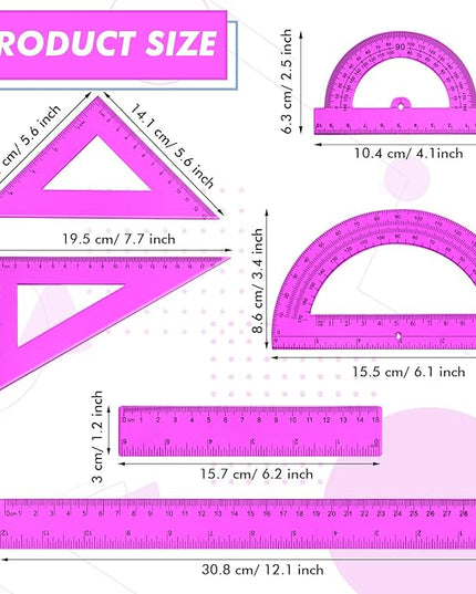 Tenare 6 Pcs Plastic Ruler Math Set Includes 12 Inch 6 Inch Straight Protractor Triangle Geometry Transparent Math Ruler Measuring Tools for School Office Home(Purple)