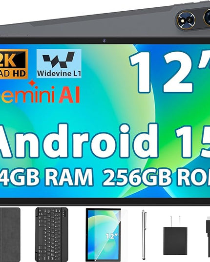 2026 12 Inch Tablet, Android 15 Tablet with Keyboard, 24GB RAM, 256GB ROM, 2TB Expand, 2000x1200 Screen, Octa-Core, 8+16MP Camera, 8000mAh, 5G Wifi, 2K Tablet with Case, Stylus, Mouse (Silver Case)