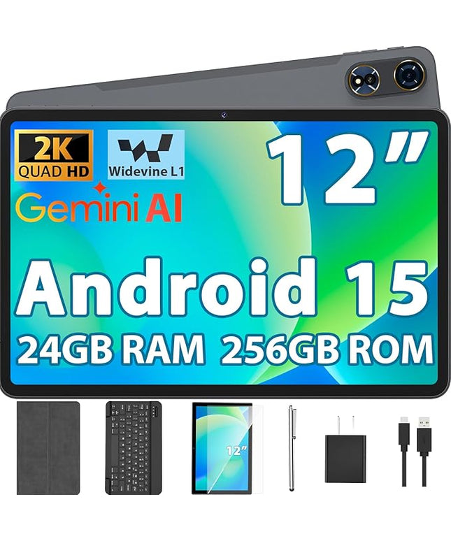2026 12 Inch Tablet, Android 15 Tablet with Keyboard, 24GB RAM, 256GB ROM, 2TB Expand, 2000x1200 Screen, Octa-Core, 8+16MP Camera, 8000mAh, 5G Wifi, 2K Tablet with Case, Stylus, Mouse (Silver Case)