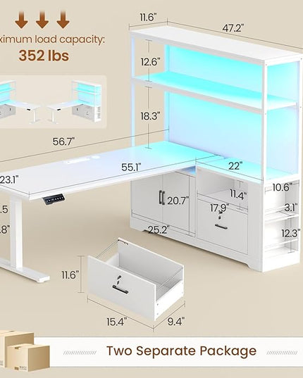 SEDETA 56.7" L Shaped Standing Desk, Reversible Computer Office Desk with Drawers & Hutch, Stand Up Corner Gaming Desks with LED Lights & Power Outlets for Home Office, White