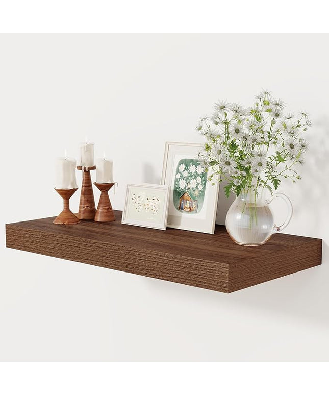 12 Inch Deep Floating Shelves, 24 x 12 Floating Shelf for Books, Rustic Wood Deep Wall Shelves for Home Storage & Display, 2" Thicked Shelves for Kitchen, Living Room, Bedroom, Walnut Color, 1 Pack