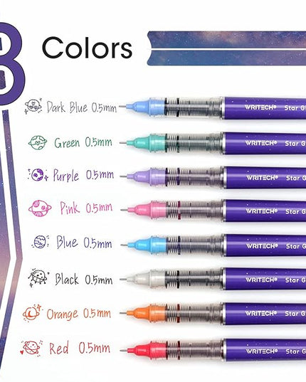 WRITECH Liquid Ink Rollerball Pens: 8ct Assorted Colors Extra Fine Point Tip 0.5mm Roller Ball Rolling Pen for Smooth Writing Coloring Drawing Journaling No Bleed & Smear &Smudge Multi Colored.