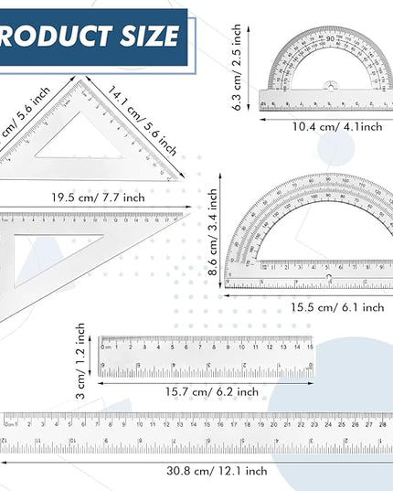 Tenare 6 Pcs Plastic Ruler Math Set Includes 12 Inch 6 Inch Straight Protractor Triangle Geometry Transparent Math Ruler Measuring Tools for School Office Home(Clear)