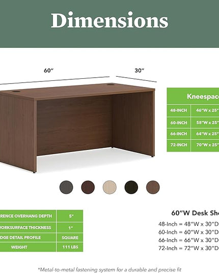HON MOD Executive Desk 60-Inch Large Computer Desk Shell, Thick Wooden Laminate, Modern Table with Cord Management, 60" W x 30" D x 29" H, Walnut