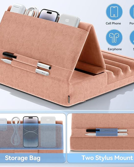 KDD Tablet Pillow Holder, Foldable iPad Stand for Lap, Bed and Desk -Tablet Soft Pad Dock with Pocket & Stylus Mount Compatible with iPad Pro 12.9, 10.5, 9.7 Air Mini 6 5 4 3, E-Reader