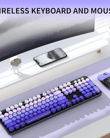 Wireless Keyboard and Mouse, 104 Round Keycaps Retro Typewriter with OTG & Brush, Full-Size Ergonomic, Ideal for Windows PC, Home, Office and College Purple Pink