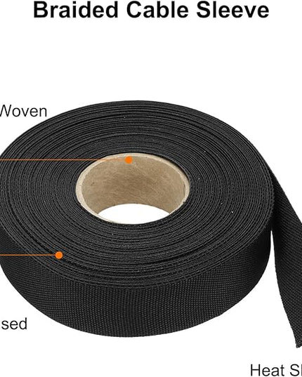 MECCANIXITY Braided Cable Sleeves Heat Shrinkable Fabric Sleeving, 1" 60ft Black 2:1 Ratio Heat Shrinkable Cord Protector for Harness Cable, Network Cable Protection, Cable Management