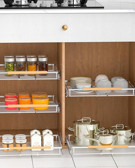 KIKIBRO Pull Out Drawer Cabinet Organizer, Expandable Slide Out Storage Shelves - Heavy Duty, Durable and Smooth Slide-Out, 12.3"~18.3" Wide x 22.5" Deep, 2 Pack