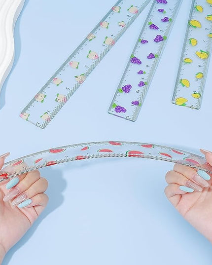 BAYTORY 4Pcs Transparent Acrylic Ruler 12 Inch, Clear Plastic Straight Rulers, Shatterproof Student Stationery Centimeters with Inches, for Classroom Essentials School Supplies (Fruit)