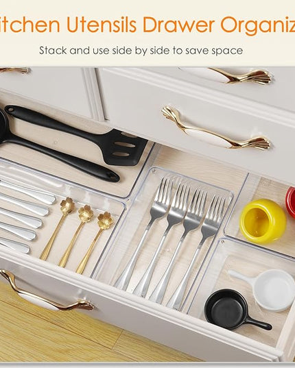 Criusia Drawer Organizer, 18 Pack Large Clear Plastic Kitchen Drawer Organizers Set, 6 Size Versatile Bathroom and Vanity Drawer Organizer Trays, Storage Bins for Makeup, Bedroom, Kitchen Utensils