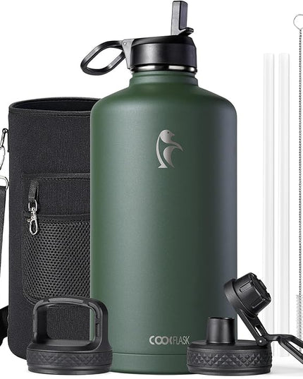 Coolflask 128 oz Gallon Water Bottle Insulated with Straw&3 Lids, Water Jug Large Stainless Steel Metal Vacuum Wide Mouth for Sports, Gym or Office, Non-BPA Keep Cold 48H Hot 24H, Dark Green