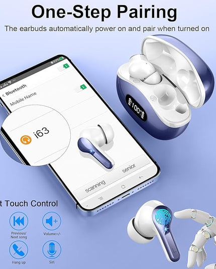 Wireless Earbuds, Bluetooth Headphones 5.4 HiFi Stereo Ear buds with ENC Noise Cancelling Mic, 40H Bluetooth Earbuds with Dual LED Display Charging Case, IP7 Waterproof Earphones for Android iOS, Blue