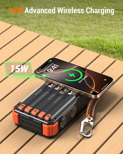 BLAVOR 45W Solar Charger Power Bank 20000mAh Wireless Portable Charger Built-in Cables, PD QC Fast Charging Battery Pack with USB-C for iPhone, Samsung, Dual Flashlight & Carabiner for Camping, Hiking