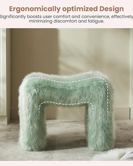 Vanity Stool Chair Small Footstool Ottoman Faux Fur Seating Backless Modern Foot Rest Ottoman Furry for Makeup Room Living Room Bedroom Entryway,Green (Single 1)
