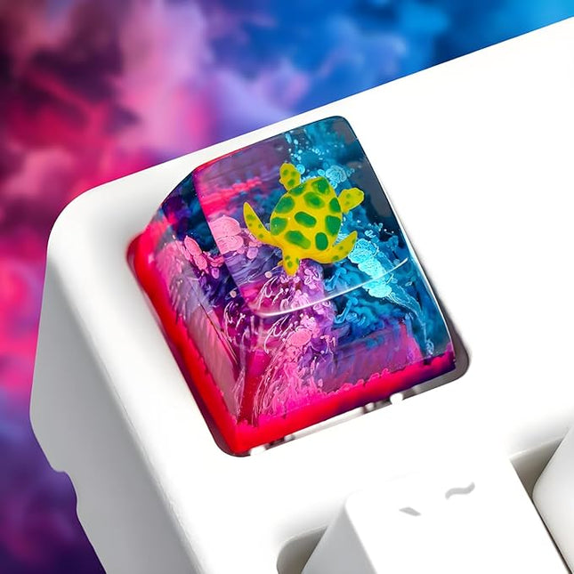Sea Turtle Artisan Keycap Pink and Blue Coral Reef R1 SA Profile Custom Sea Creatures Keycaps 1U ESC Handmade Gaming Resin Key Cap Cherry MX Switch Compatible Mechanical Keyboard Turtle Lover Gift