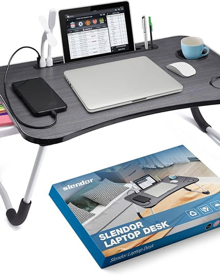 Slendor Lap Desk with Tablet Slot, Foldable Laptop Table with Storage Drawer for Bed，Portable Bed Desk for Laptop, Computer Tray with Cup Holder Notebook Stand Reading Holder for Couch Floor, Black
