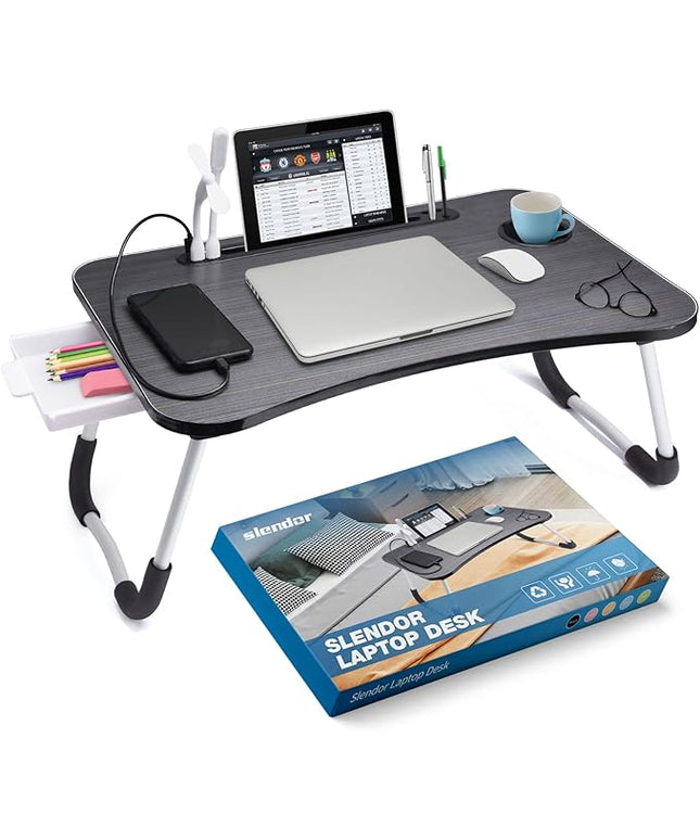 Slendor Lap Desk with Tablet Slot, Foldable Laptop Table with Storage Drawer for Bed，Portable Bed Desk for Laptop, Computer Tray with Cup Holder Notebook Stand Reading Holder for Couch Floor, Black
