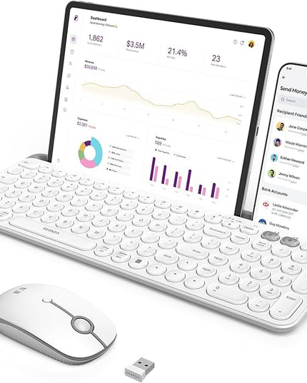 seenda Bluetooth Keyboard and Mouse for iPad, CTU-301 Wireless Multi-Device Connection Bluetooth+2.4G Keyboard Mouse Combo with Tablet Holder for iPad/MacBook/Windows, iOS/Andriod/Phone, White