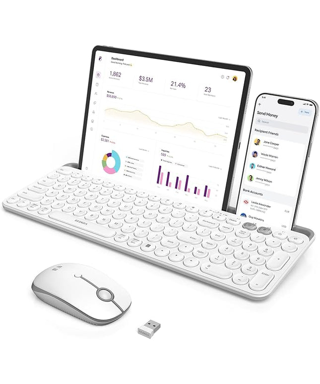 seenda Bluetooth Keyboard and Mouse for iPad, CTU-301 Wireless Multi-Device Connection Bluetooth+2.4G Keyboard Mouse Combo with Tablet Holder for iPad/MacBook/Windows, iOS/Andriod/Phone, White