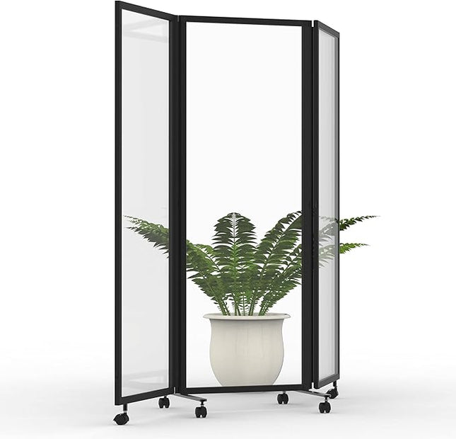 Stand Up Desk Store ReFocus Three-Panel Trifold Acrylic Room Divider Partition Privacy Screen (Clear Acrylic, 71" x 65")