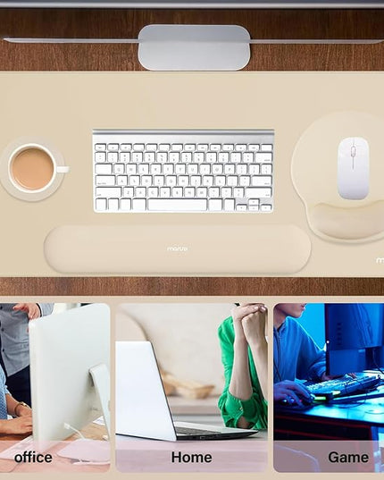 MOSISO Wrist Rest for Keyboard Mouse Pad Set, Large Gaming Deskpad&Circle Curved Mousepad&Keyboard Wrist Rest&Coaster, Ergonomic Non-Slip Mousepad&Easy Typing Pad with Silicone Lining, Apricot