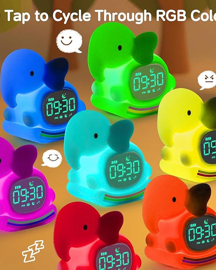 Alarm Clock for Kids with Night Light, Sleep Training Clock Time to Wake Clock, Rechargeable Silicone Light for Bedroom, Perfect Sleep Companion for Boys Girls, Green Elephant