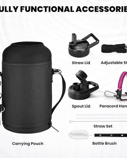 Insulated Water Bottle 64 oz, Triple Wall Vacuum Stainless Steel (Cold for 48 Hrs), Leak Proof & Non-BPA, Half Gallon Water Flask Jug with Paracord Handle & Straw Spout Lids, Ombre Pink