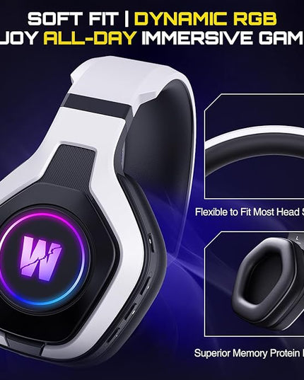Wireless Gaming Headset for PS5, PC, PS4, 2.4G/Bluetooth Gaming Headphones with Noise Canceling Microphone, USB and Type-C Connector, 7.1 Surround Sound, RGB Lighting, 60H Battery