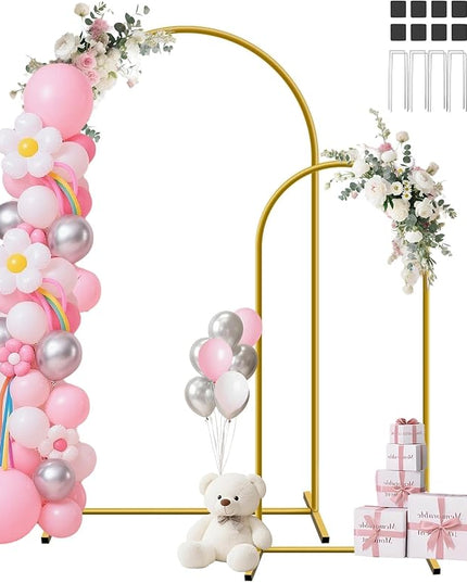 HEMMOTOP Metal Arch Backdrop Stand Set of 2 (7.2ft + 6ft), Wedding Arch Frame, Stable Background Stand with Square Base Ground Nails, for Birthday Party Baby Shower Garland Decoration, Gold